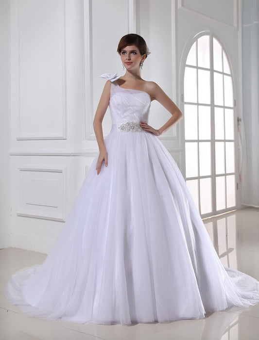 Ball Gown Beading One-shoulder Sleeveless Satin Tulle Wedding Dresses Bridal Gowns