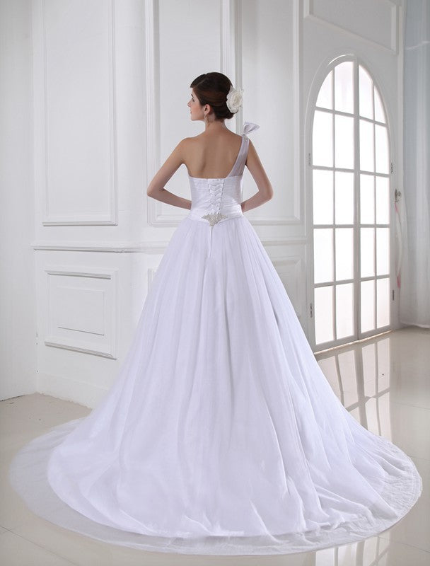 Ball Gown Beading One-shoulder Sleeveless Satin Tulle Wedding Dresses Bridal Gowns