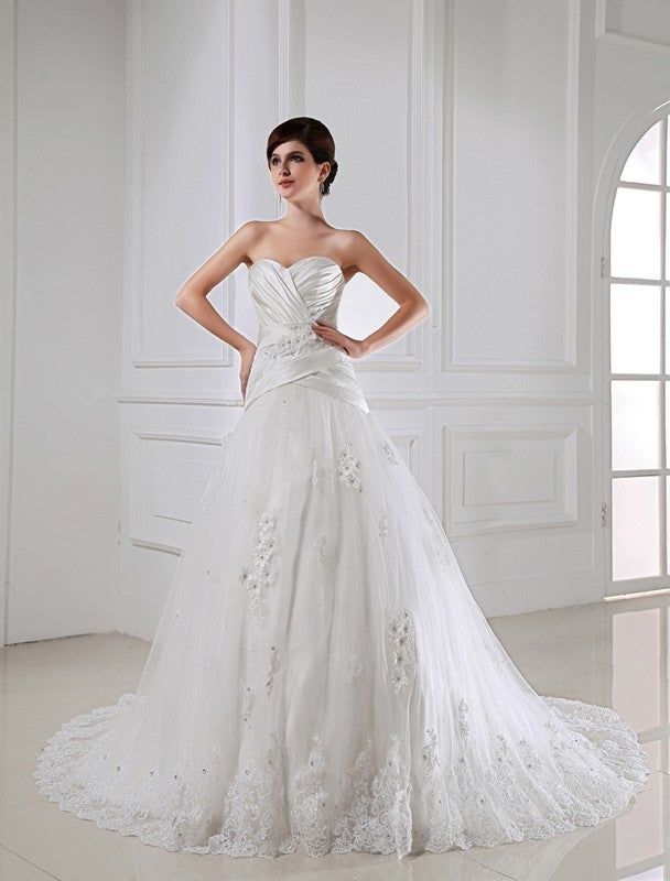 A-Line/Princess Beading Applique Sweetheart Sleeveless Satin Tulle Wedding Dresses Bridal Gowns