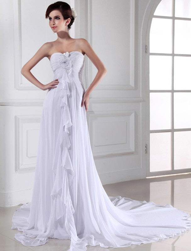 Sheath/Column Hand-made Flower Sweetheart Sleeveless Chiffon Long Wedding Dresses Bridal Gowns