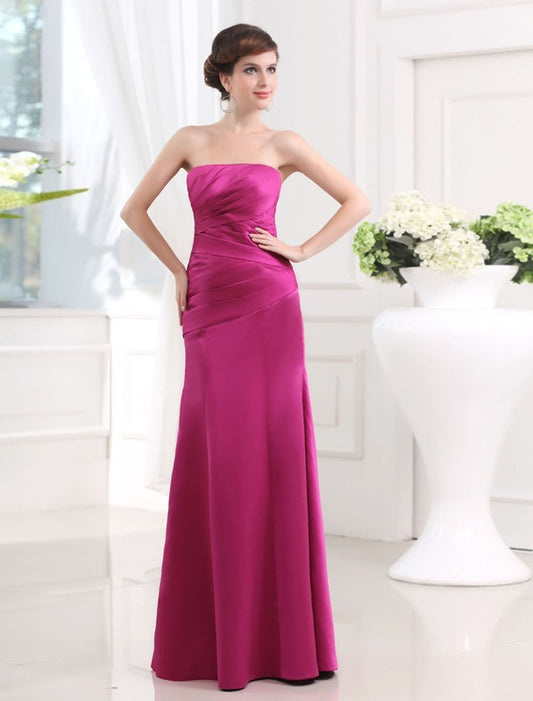 Sheath/Column Strapless Sleeveless Long Pleats Satin Bridesmaid Dresses Evening Dress