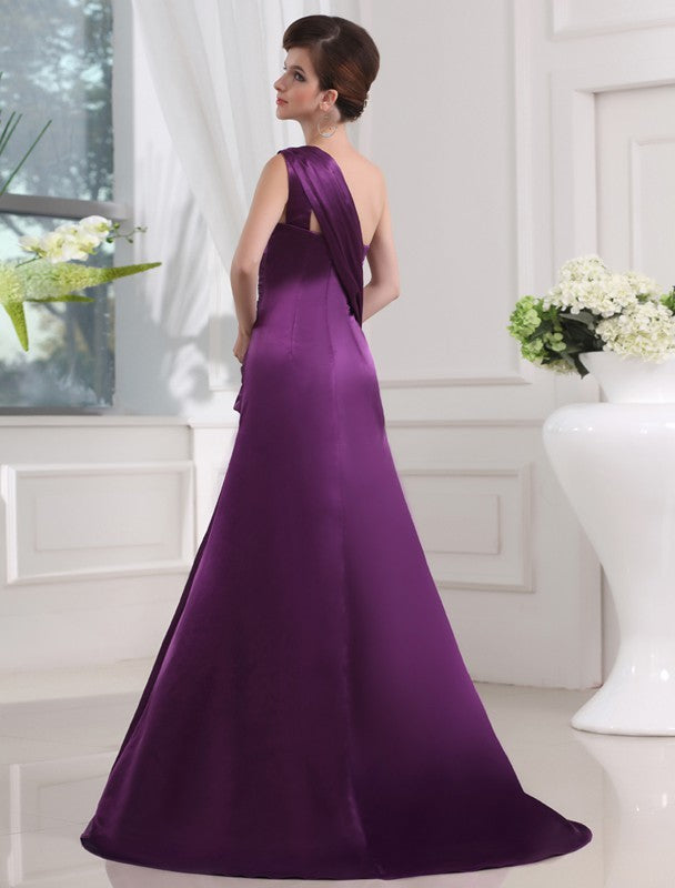 A-Linie/Princess-Linie One-Shoulder-Träger Ärmellos Seide wie Satin Falten Lange Kleider Ball-/Abendkleid