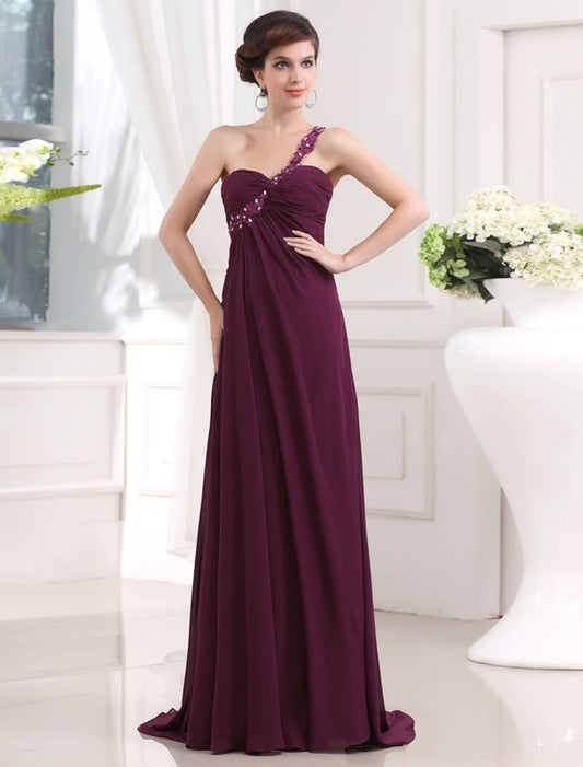 Vestido de noche de graduación de gasa largo, corte A/princesa, con cuentas, un hombro, escote corazón, sin mangas
