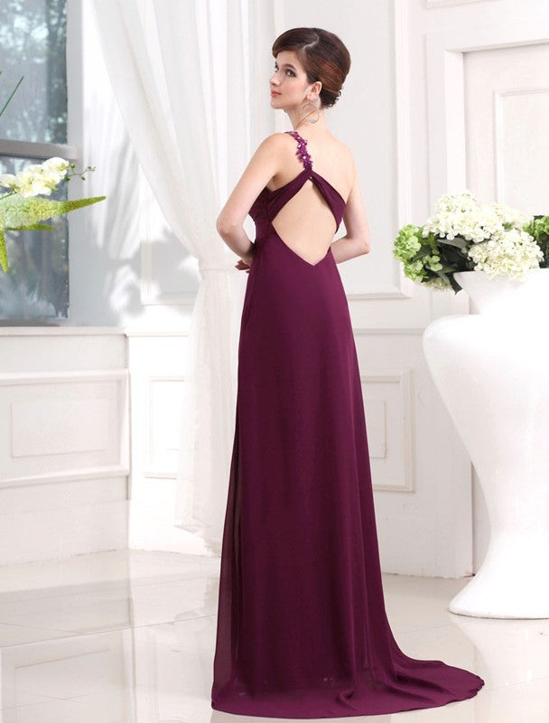 Vestido de noche de graduación de gasa largo, corte A/princesa, con cuentas, un hombro, escote corazón, sin mangas