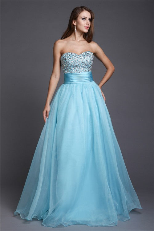 Vestido de noche de graduación, largo, de organza, sin mangas, con escote corazón y cuentas, corte A/princesa