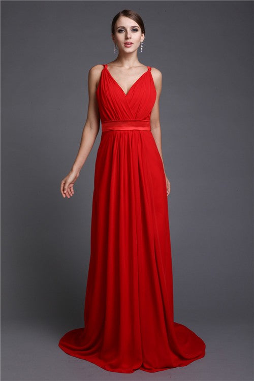 A-Line/Princess V-neck Sleeveless Long Ruffles Chiffon Bridesmaid Dresses Evening Prom Dress