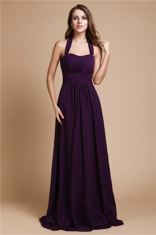 A-Line/Princess Halter Sleeveless Long Ruffles Chiffon Bridesmaid Dresses Evening Prom Dress