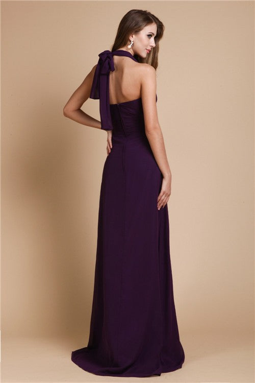 A-Line/Princess Halter Sleeveless Long Ruffles Chiffon Bridesmaid Dresses Evening Prom Dress