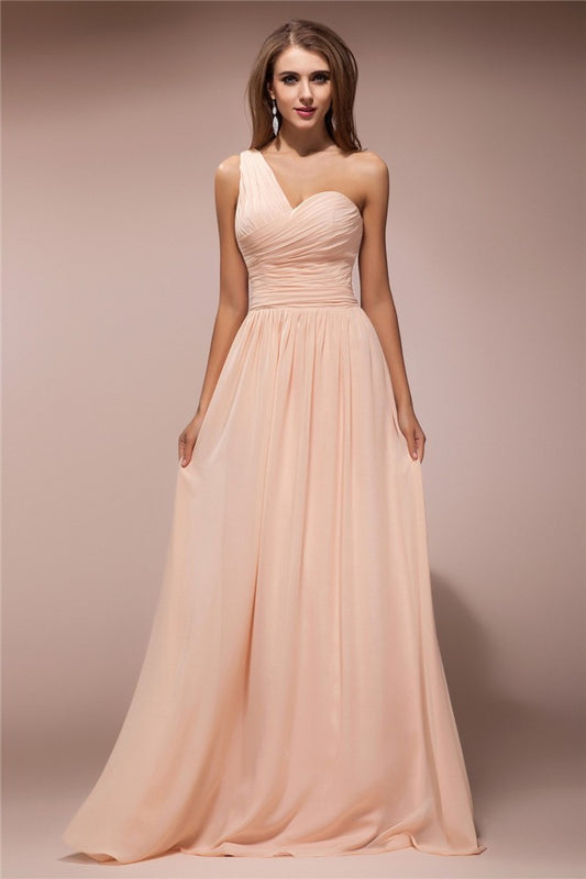Vestido de fiesta de noche largo de gasa con volantes, sin mangas y un solo hombro.