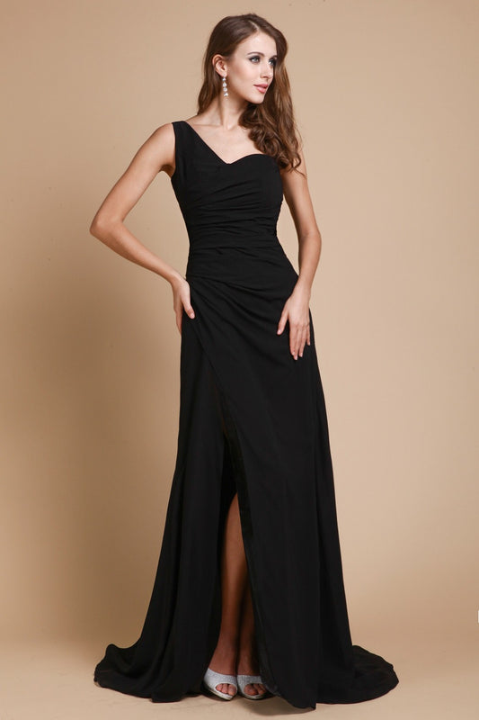Vestido de noche de graduación de gasa largo con volantes, sin mangas, de un solo hombro y corte princesa