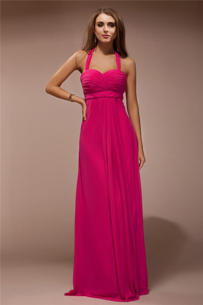 Etui-Linie Neckholder Ärmellos Lange Rüschen Chiffon Brautjungfernkleider Kleid für Hochzeitsgäste