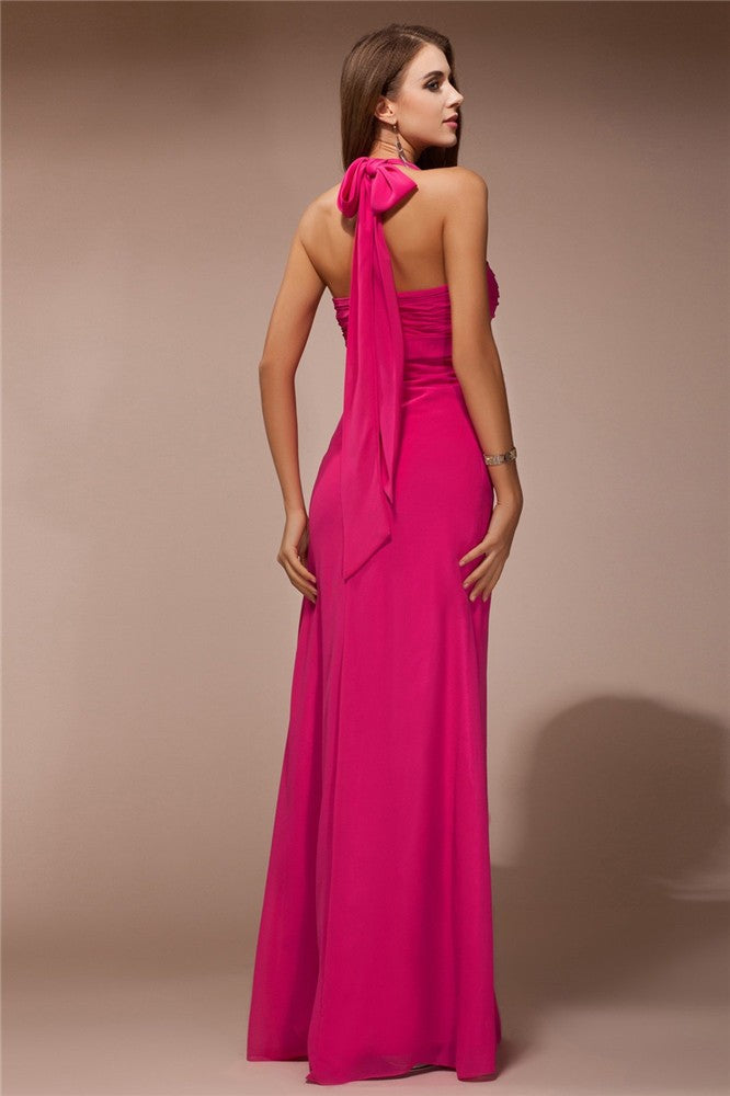 Sheath/Column Halter Sleeveless Long Ruffles Chiffon Bridesmaid Dresses Evening Prom Dress