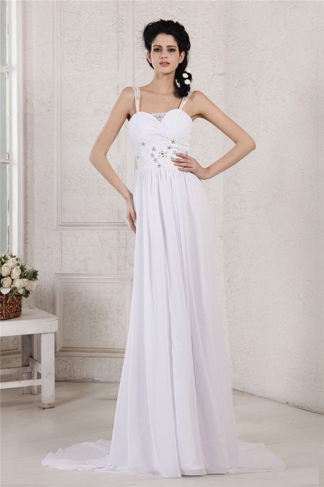 Sheath/Column Spaghetti Strap Pleats Ruched Beading Applique Long Chiffon Wedding Dresses Bridal Gowns