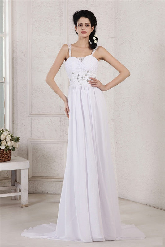 Sheath/Column Spaghetti Strap Pleats Ruched Beading Applique Long Chiffon Wedding Dresses Bridal Gowns
