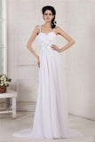 Sheath/Column Spaghetti Strap Pleats Ruched Beading Applique Long Chiffon Wedding Dresses Bridal Gowns