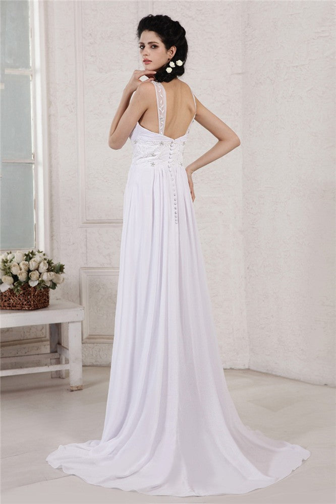 Sheath/Column Spaghetti Strap Pleats Ruched Beading Applique Long Chiffon Wedding Dresses Bridal Gowns