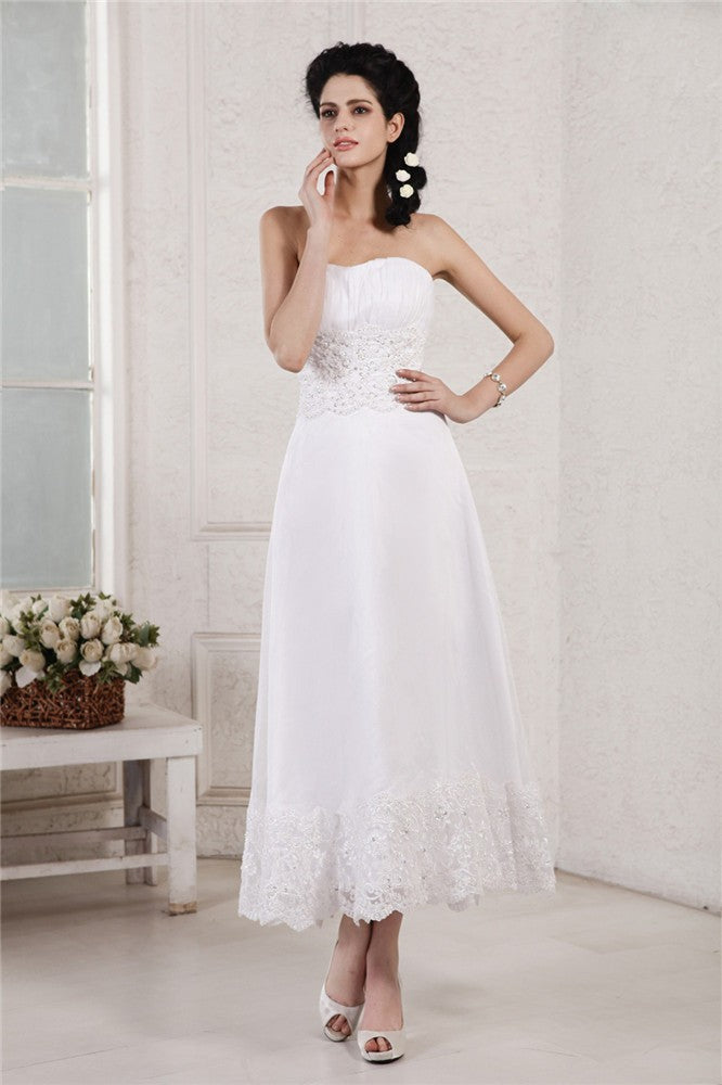 A-Line/Princess Strapless Sleeveless Pleats Applique Beading Short Chiffon Wedding Dresses Bridal Gowns