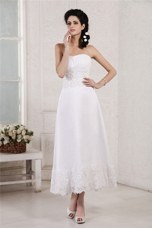 A-Line/Princess Strapless Sleeveless Pleats Applique Beading Short Chiffon Wedding Dresses Bridal Gowns