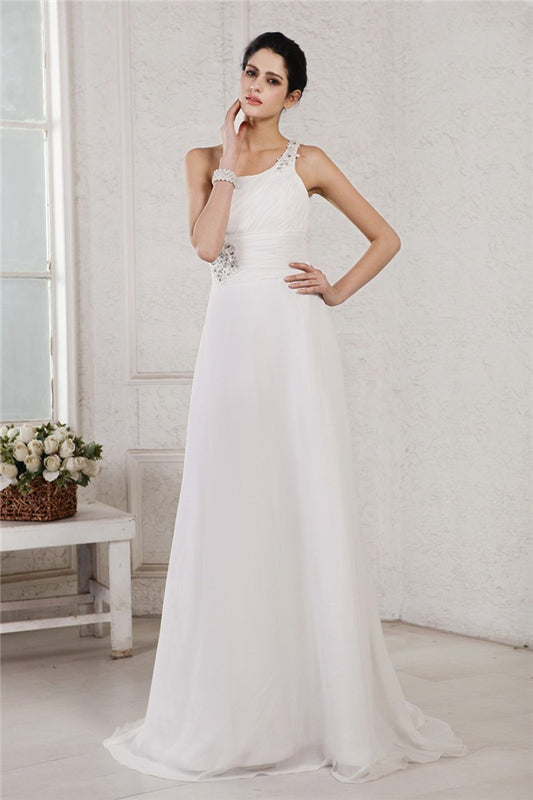 A-Line/Princess One-Shoulder Sleeveless Beading Applique Long Chiffon Wedding Dresses Bridal Gowns