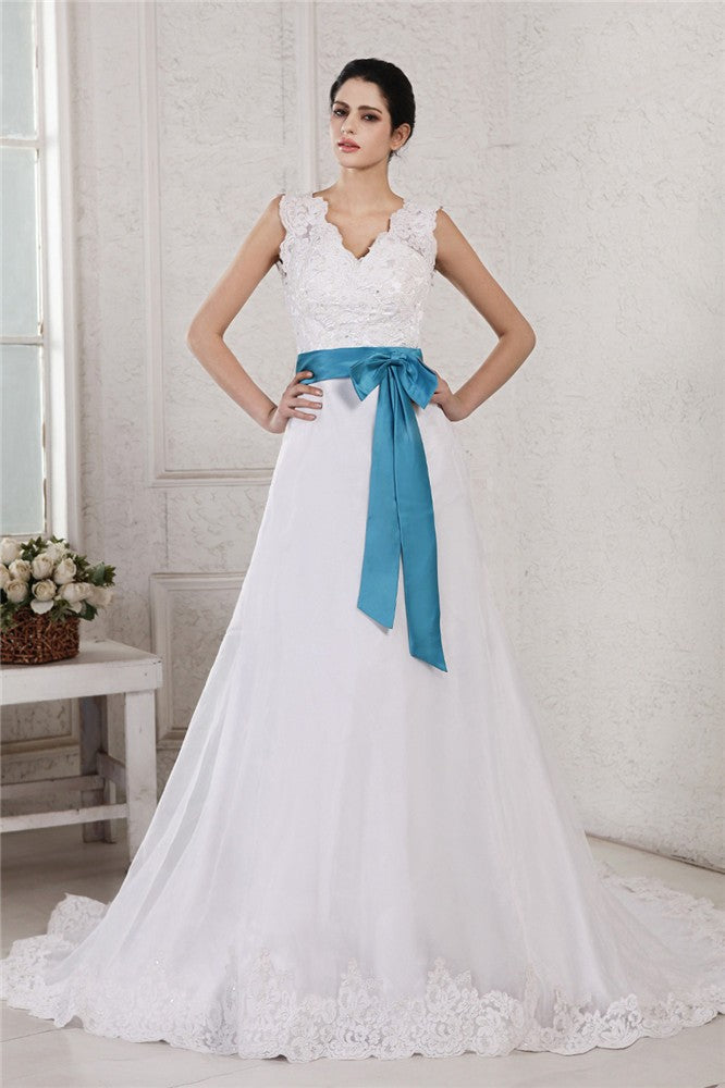 A-Line/Princess V-neck Sleeveless Applique Sash Long Organza Satin Wedding Dresses Bridal Gowns