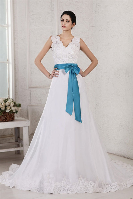 A-Line/Princess V-neck Sleeveless Applique Sash Long Organza Satin Wedding Dresses Bridal Gowns