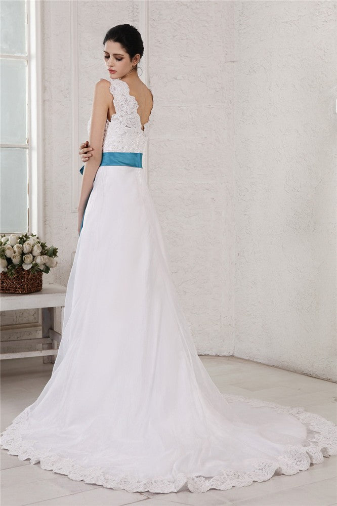 A-Line/Princess V-neck Sleeveless Applique Sash Long Organza Satin Wedding Dresses Bridal Gowns
