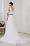 A-Line/Princess V-neck Sleeveless Applique Sash Long Organza Satin Wedding Dresses Bridal Gowns