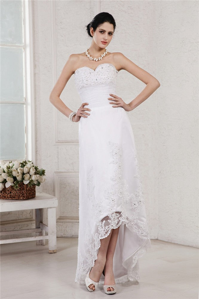 Sheath/Column Sweetheart Sleeveless Beading Applique High Low Organza Wedding Dresses Bridal Gowns