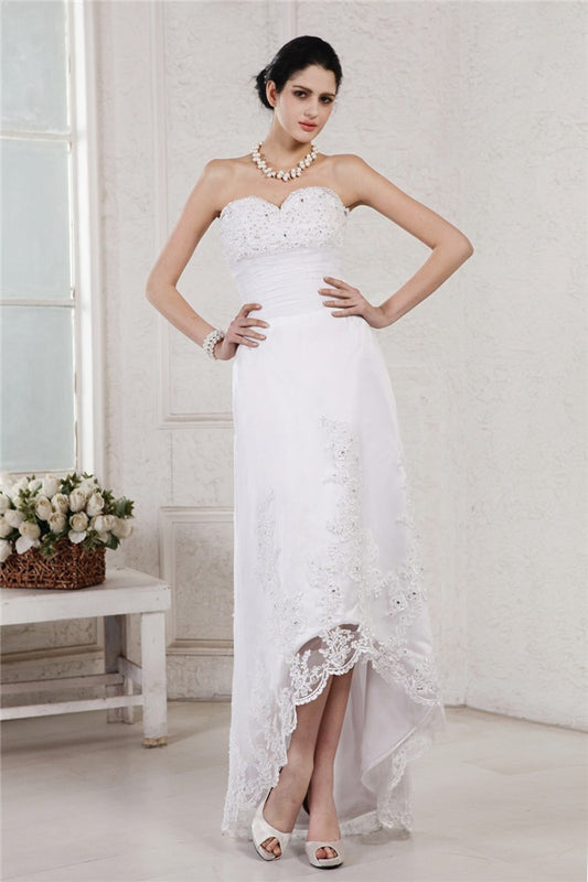 Sheath/Column Sweetheart Sleeveless Beading Applique High Low Organza Wedding Dresses Bridal Gowns