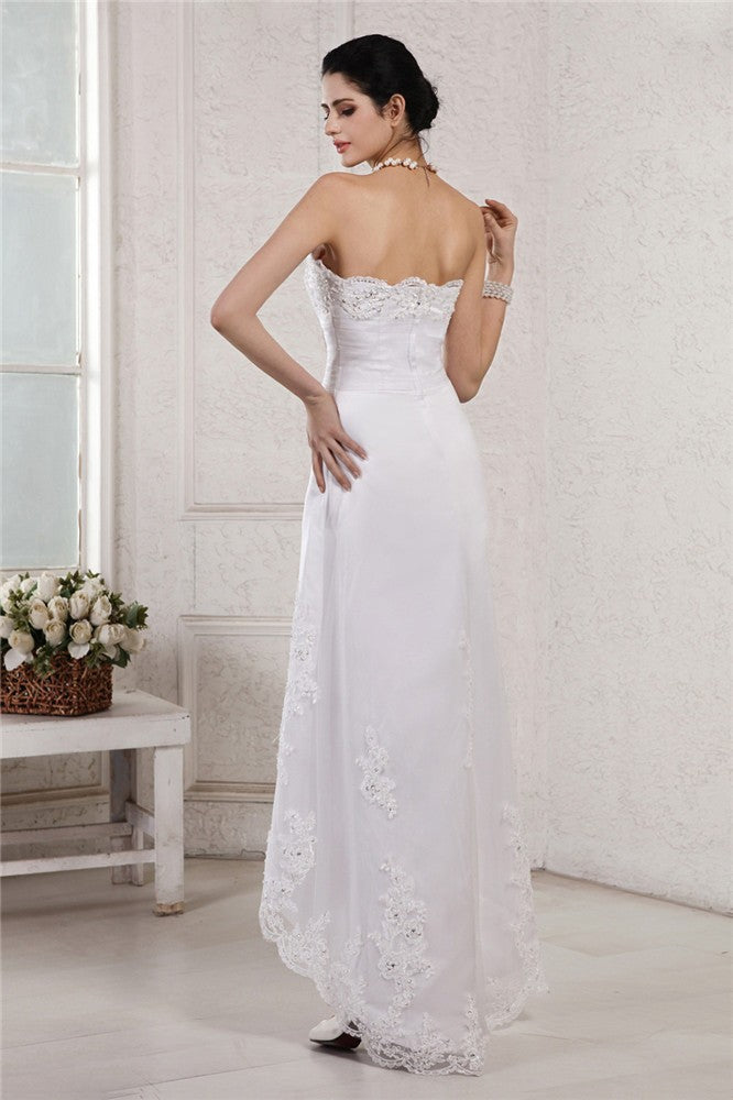 Sheath/Column Sweetheart Sleeveless Beading Applique High Low Organza Wedding Dresses Bridal Gowns