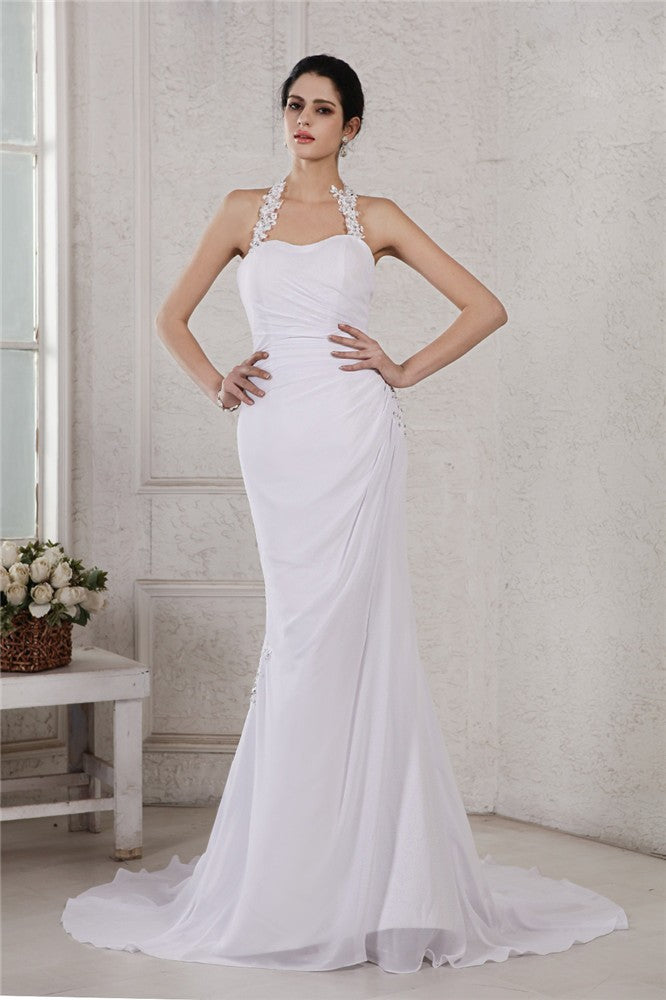 Trumpet/Mermaid Halter Sleeveless Beading Applique Long Chiffon Wedding Dresses Bridal Gowns