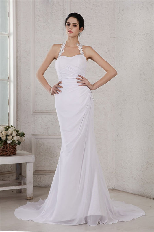 Trumpet/Mermaid Halter Sleeveless Beading Applique Long Chiffon Wedding Dresses Bridal Gowns