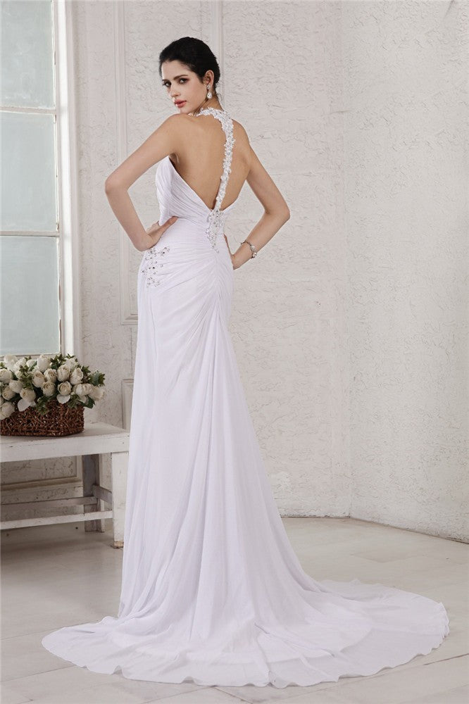 Trumpet/Mermaid Halter Sleeveless Beading Applique Long Chiffon Wedding Dresses Bridal Gowns