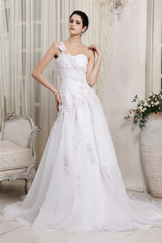 A-Line/Princess One-Shoulder Sleeveless Beading Applique Long Organza Wedding Dresses Bridal Gowns