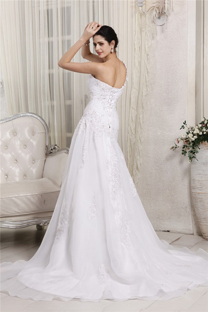 A-Line/Princess One-Shoulder Sleeveless Beading Applique Long Organza Wedding Dresses Bridal Gowns