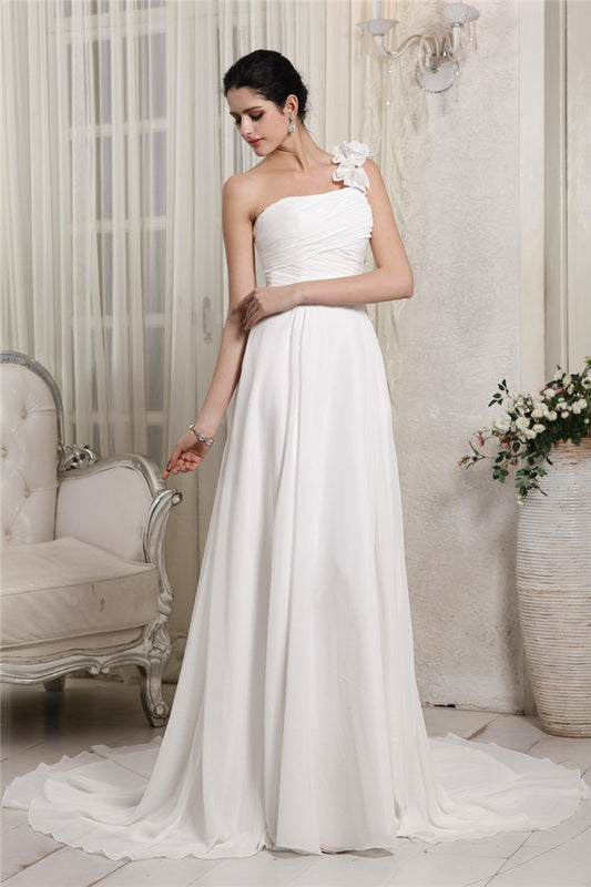 Sheath/Column One-Shoulder Sleeveless Ruffles Long Chiffon Wedding Dresses Bridal Gowns
