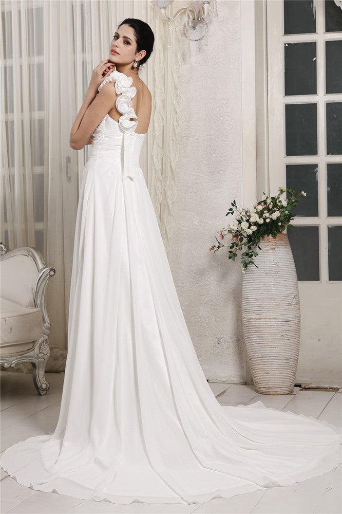 Sheath/Column One-Shoulder Sleeveless Ruffles Long Chiffon Wedding Dresses Bridal Gowns