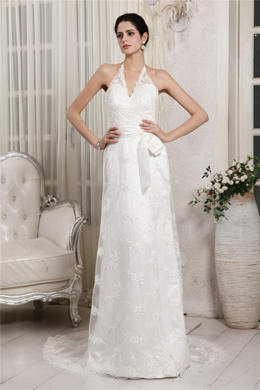 Sheath/Column V-neck Sleeveless Lace Applique Long Net Wedding Dresses Bridal Gowns