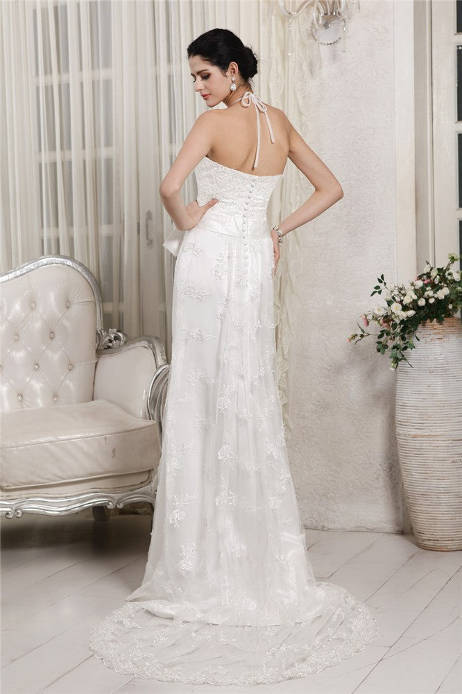 Sheath/Column V-neck Sleeveless Lace Applique Long Net Wedding Dresses Bridal Gowns