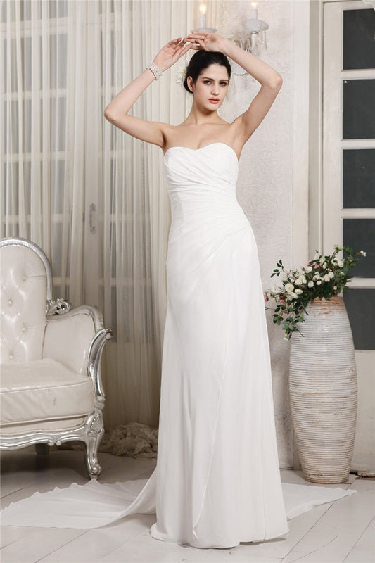 Sheath/Column Sweetheart Sleeveless Ruffles Long Chiffon Wedding Dresses Bridal Gowns