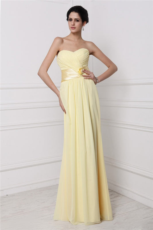 Sheath/Column Strapless Sleeveless Pleats Hand-Made Flower Long Chiffon Bridesmaid Dresses Formal Evening Dress