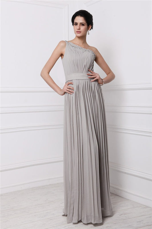 Vestido de fiesta de noche largo de gasa con pliegues y cuentas, sin mangas, con un solo hombro y corte tubo/columna