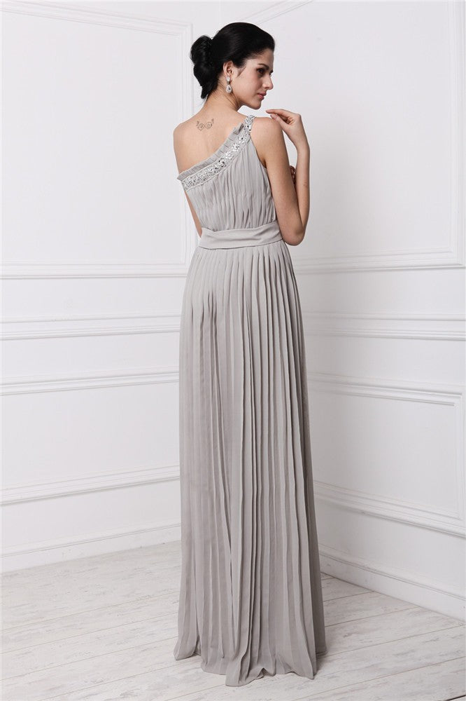 Vestido de fiesta de noche largo de gasa con pliegues y cuentas, sin mangas, con un solo hombro y corte tubo/columna