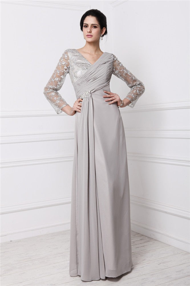 Vestido de noche para madre de la novia, de gasa, con encaje, mangas largas y escote en V y corte tubo/columna