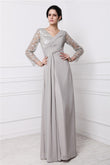Vestido de noche para madre de la novia, de gasa, con encaje, mangas largas y escote en V y corte tubo/columna