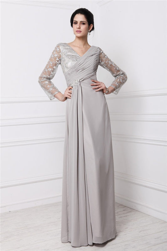 Vestido de noche para madre de la novia, de gasa, con encaje, mangas largas y escote en V y corte tubo/columna