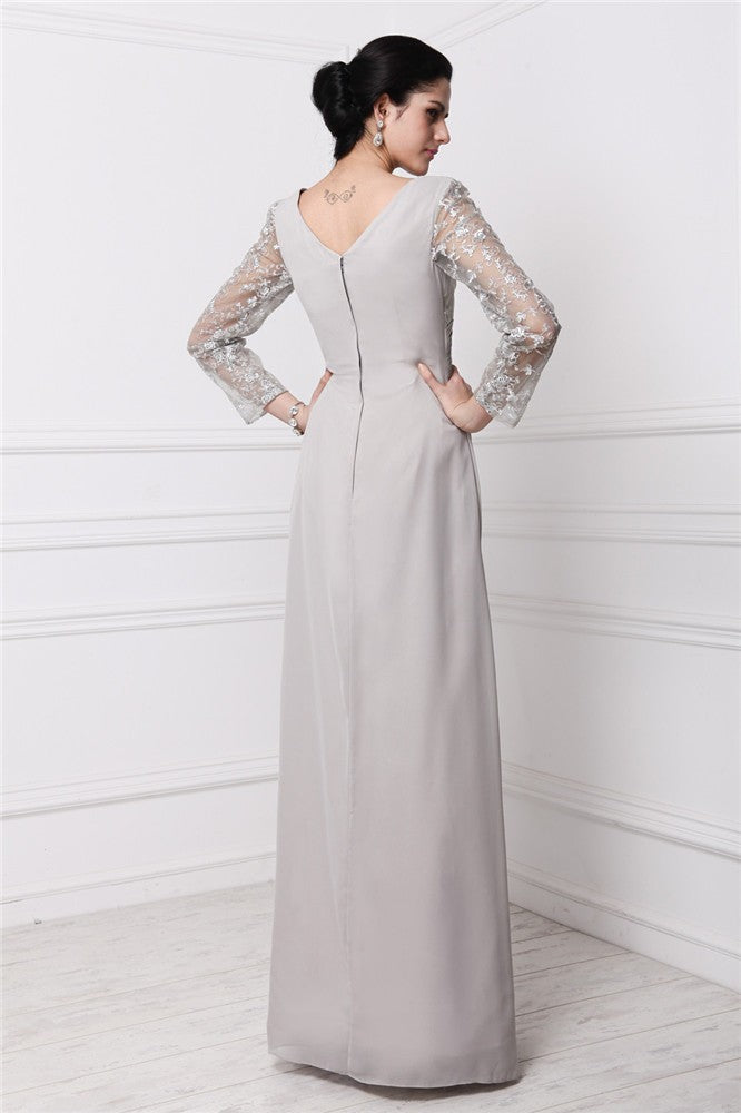Vestido de noche para madre de la novia, de gasa, con encaje, mangas largas y escote en V y corte tubo/columna