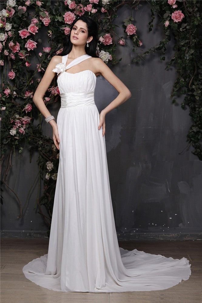 Sheath/Column Halter Sleeveless Hand-Made Flower Pleats Long Chiffon Wedding Dresses Bridal Gowns