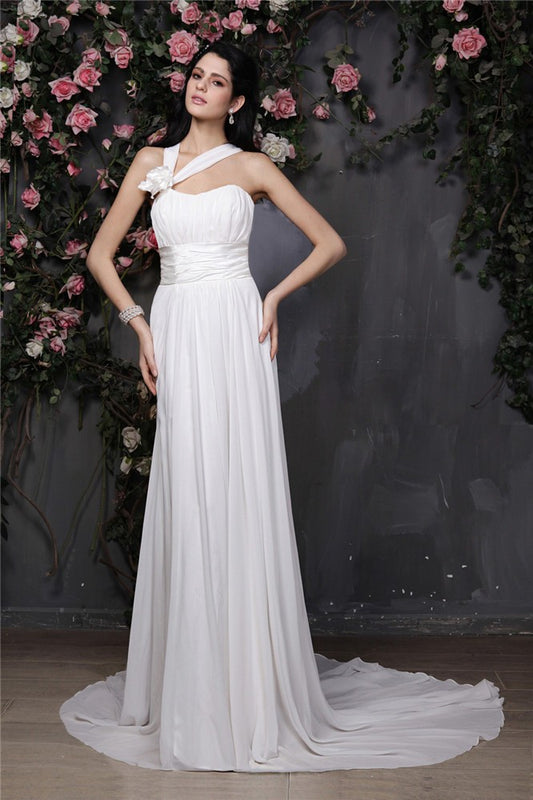 Sheath/Column Halter Sleeveless Hand-Made Flower Pleats Long Chiffon Wedding Dresses Bridal Gowns