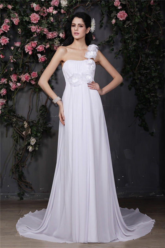 A-Line/Princess One-Shoulder Sleeveless Hand-Made Flower Ruffles Long Chiffon Wedding Dresses Bridal Gowns